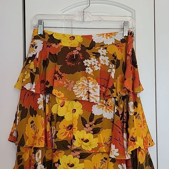 Anthropologie Mavis Tiered Floral Midi Skirt Yellow & Orange Size 4 - Picture 4 of 13